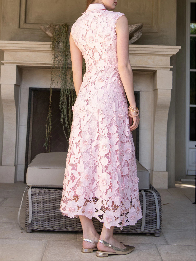Light Pink Collared Floral Lace Maxi Dress