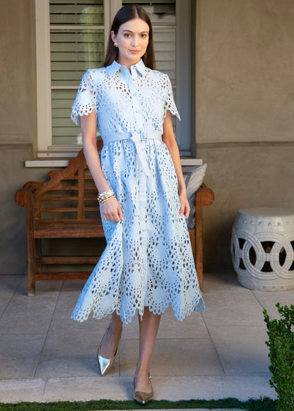 Belted Short Sleeve Lace Midi Dress
