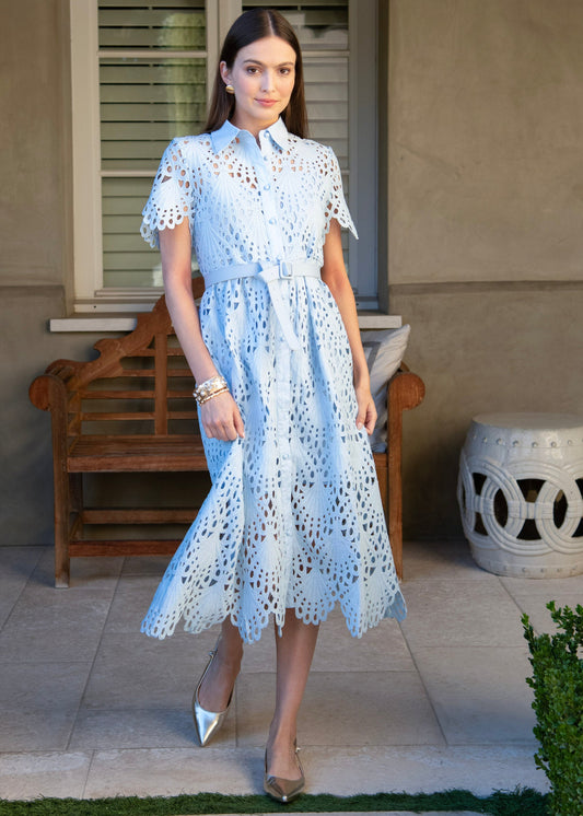 Belted Short Sleeve Lace Midi Dress
