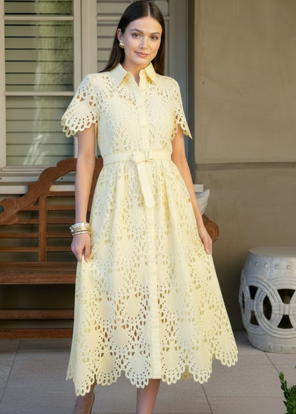 Belted Short Sleeve Lace Midi Dress