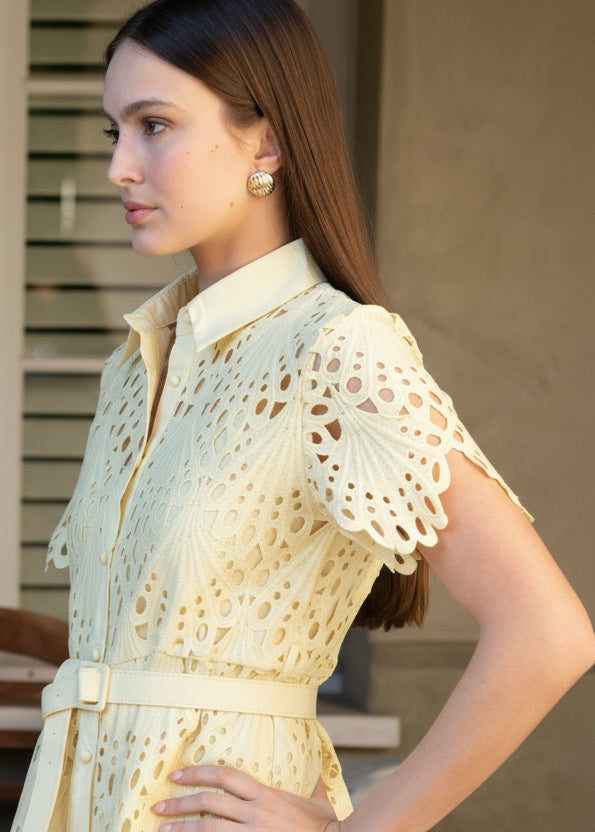 Belted Short Sleeve Lace Midi Dress