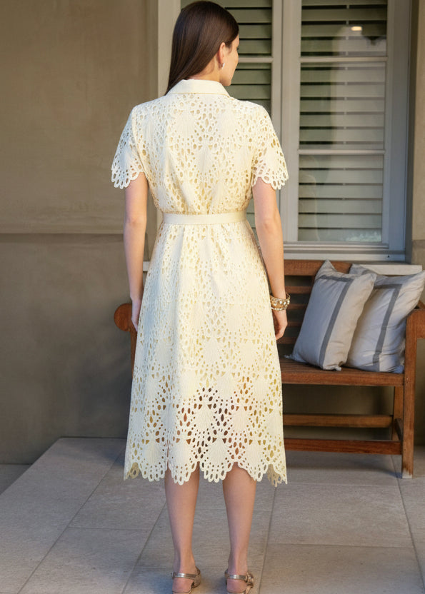 Belted Short Sleeve Lace Midi Dress