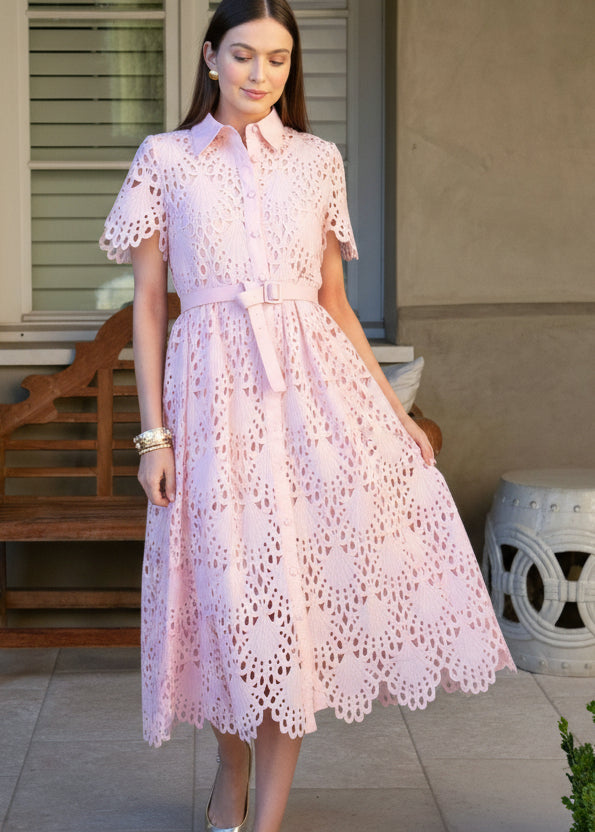 Belted Short Sleeve Lace Midi Dress