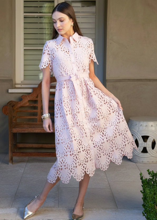 Belted Short Sleeve Lace Midi Dress
