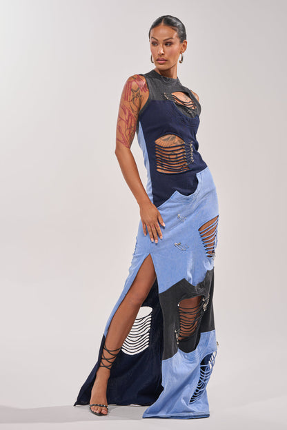 Distressed Asymmetrical Denim Maxi Dress