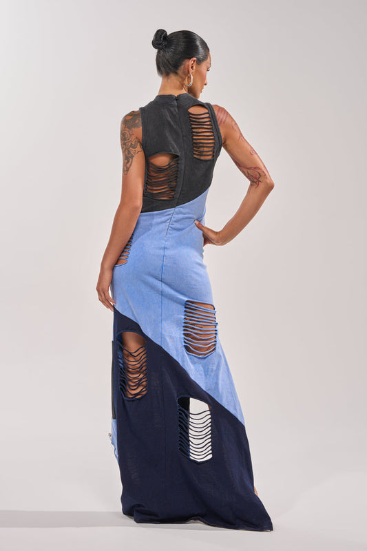 Distressed Asymmetrical Denim Maxi Dress