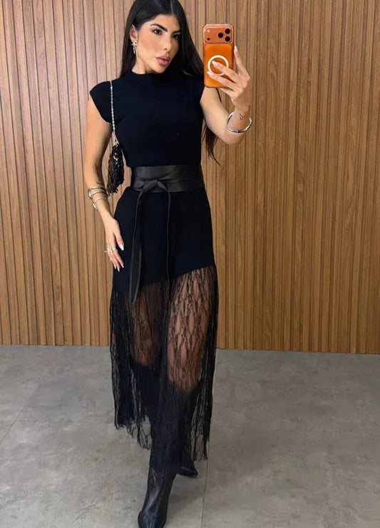 Elegant Lace Belt Dress