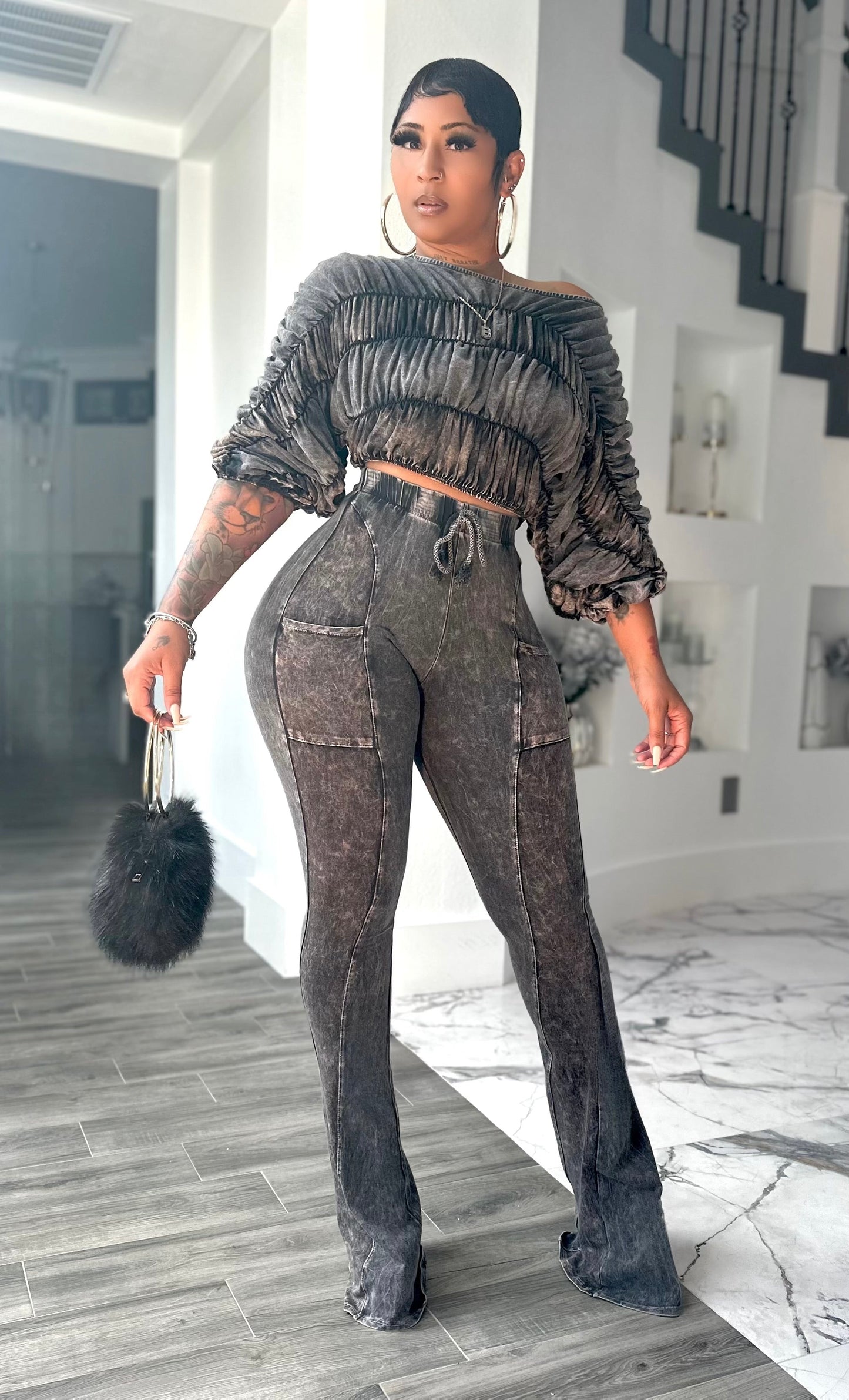 Bubble Plisse & Panelled Wide Leg Set