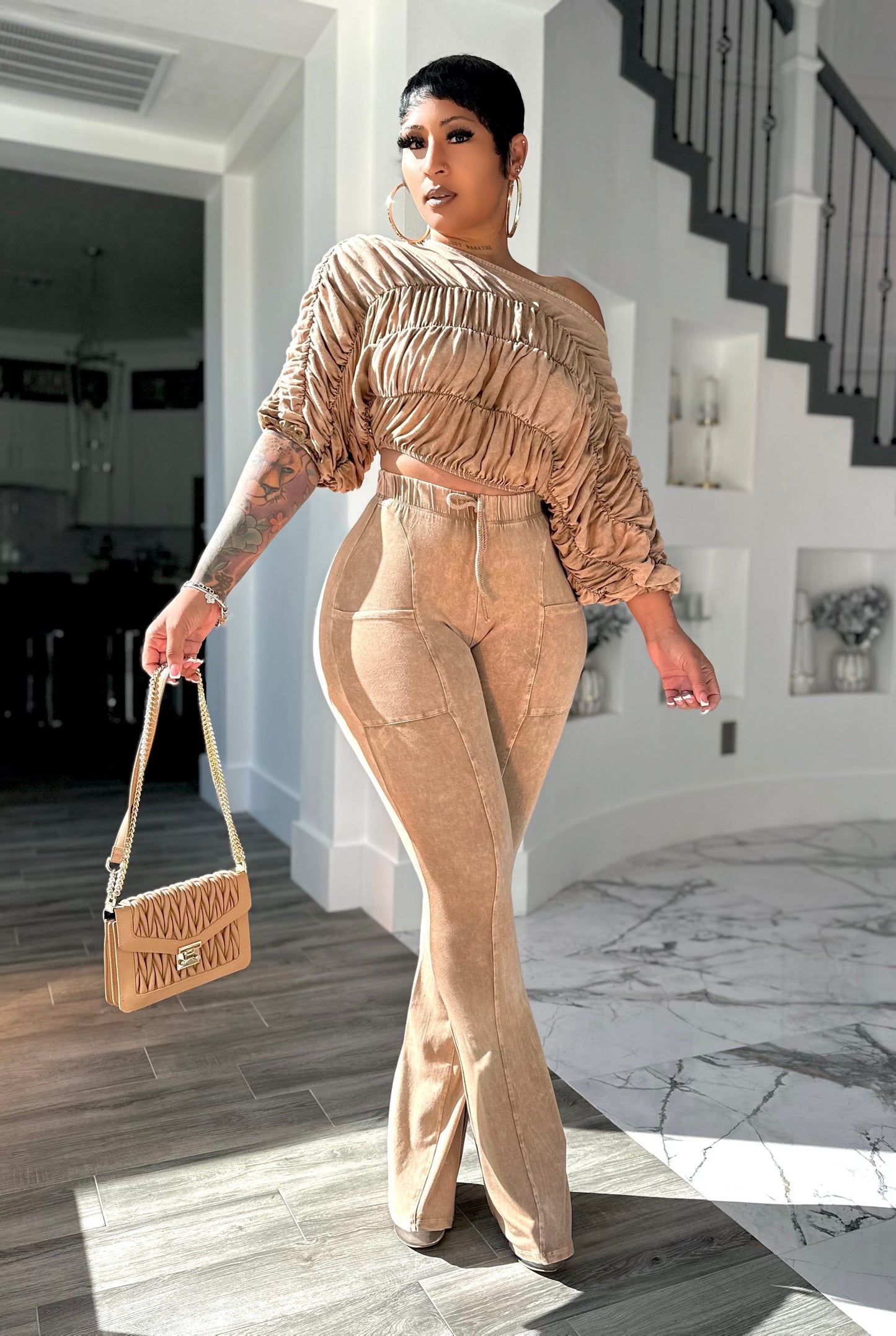 Bubble Plisse & Panelled Wide Leg Set