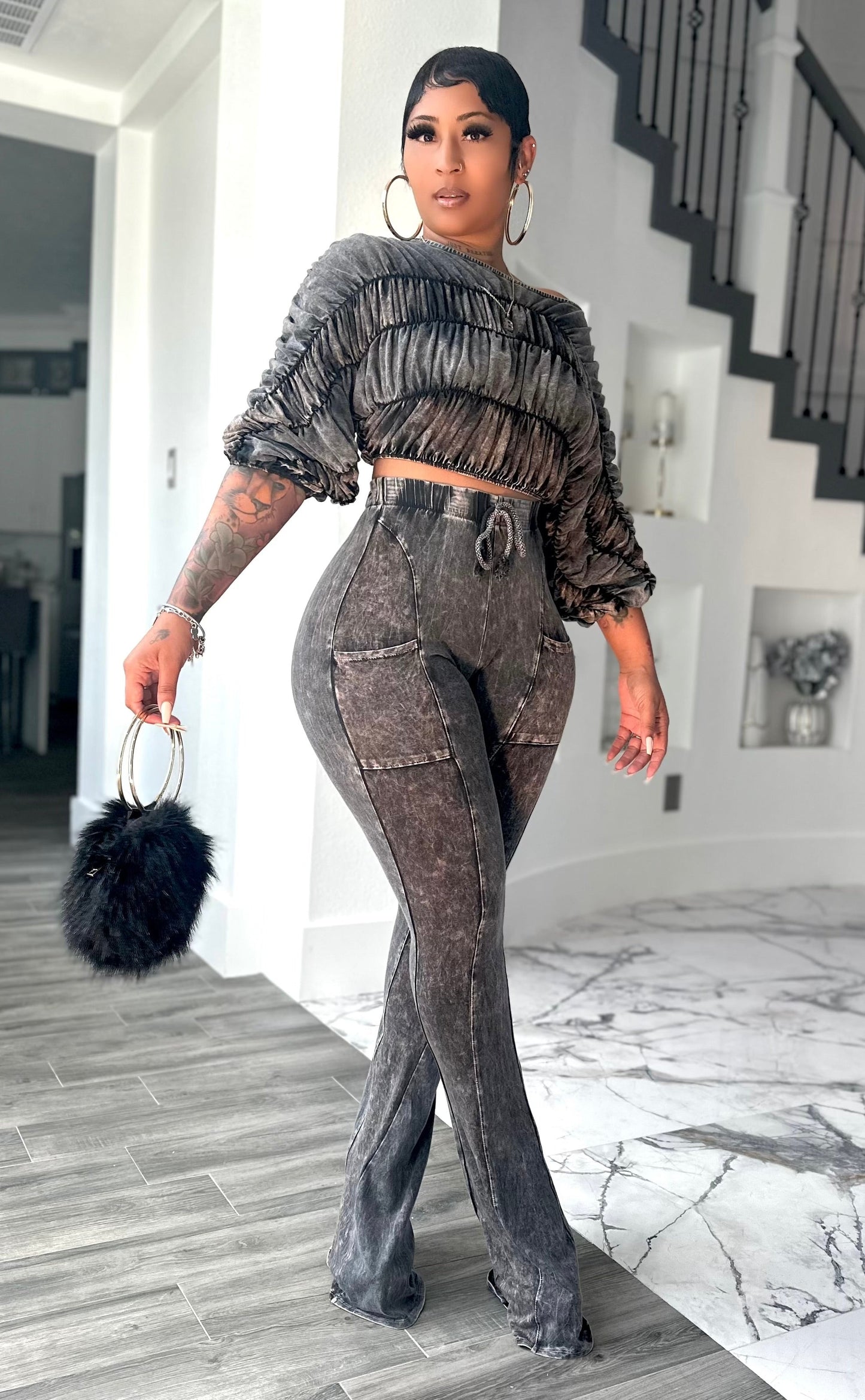 Bubble Plisse & Panelled Wide Leg Set