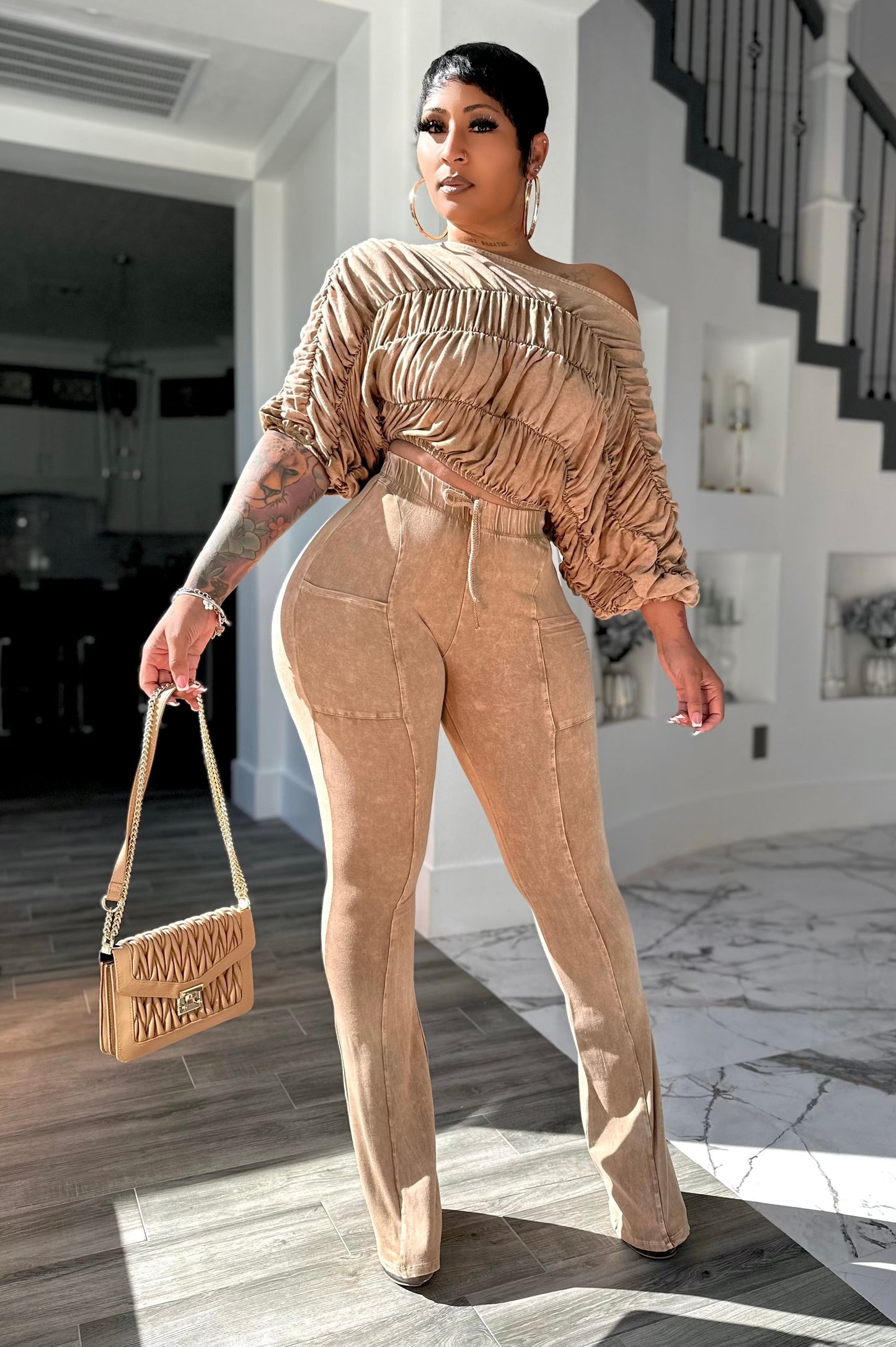 Bubble Plisse & Panelled Wide Leg Set