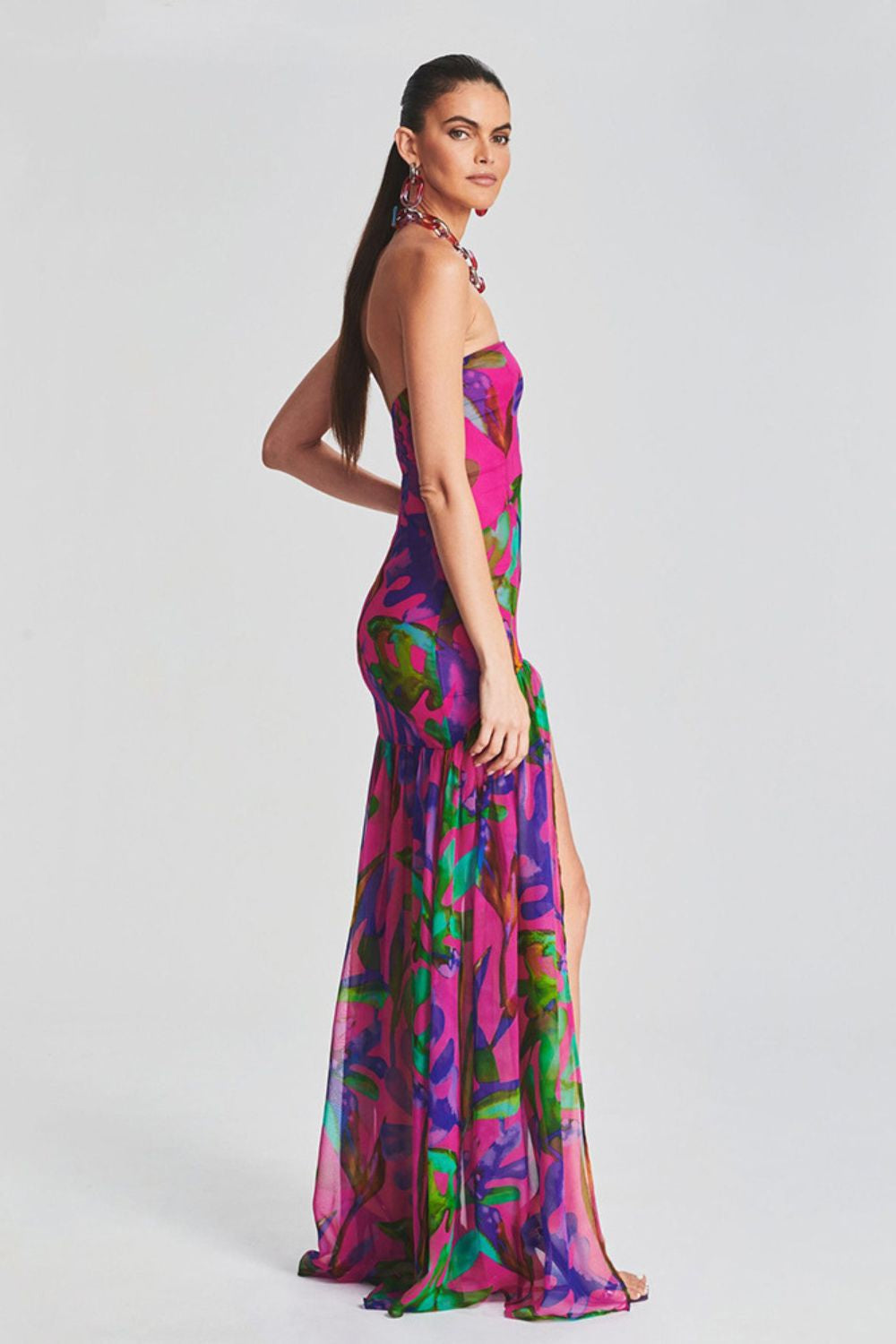 Side Slit Printed Sheer Strapless Dress