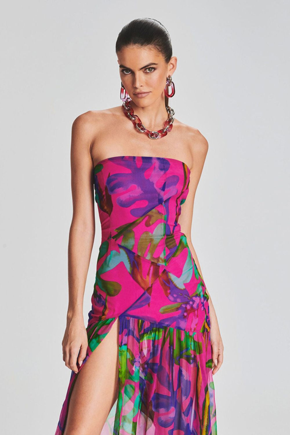 Side Slit Printed Sheer Strapless Dress