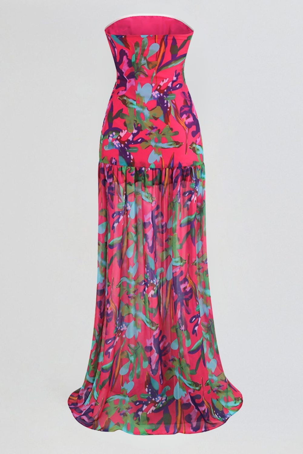 Side Slit Printed Sheer Strapless Dress
