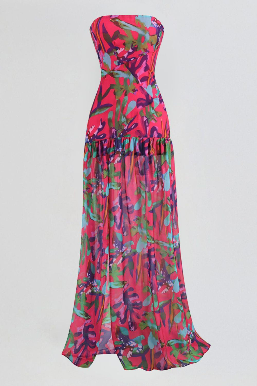 Side Slit Printed Sheer Strapless Dress