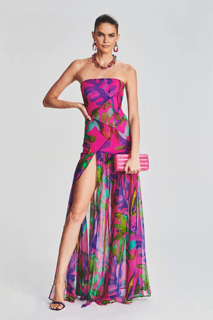 Side Slit Printed Sheer Strapless Dress