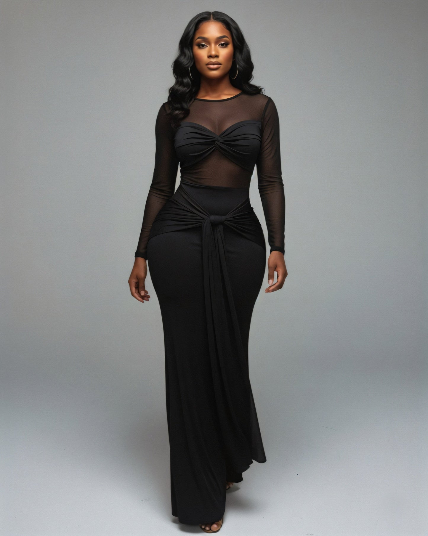 Mesh Panel Wrap Front Maxi Dress