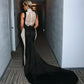 Black Satin Mermaid Gown with Crystal Cutouts