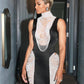 Black Satin Mermaid Gown with Crystal Cutouts