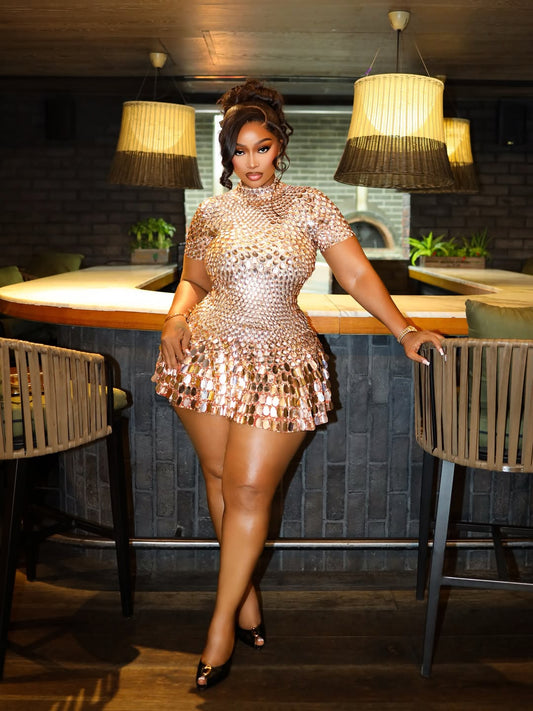 Shimmer Rose Gold Sequin Flounce Hem Mini Dress