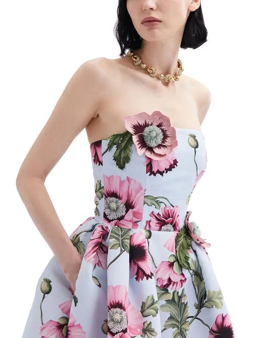 Strapless Embroidered Poppies Faille Dress