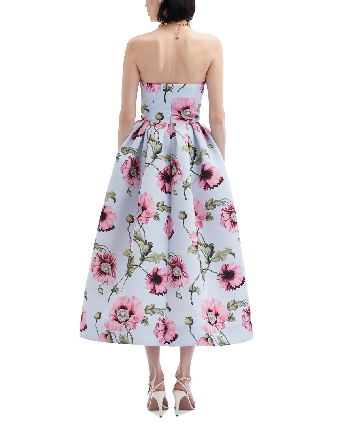 Strapless Embroidered Poppies Faille Dress