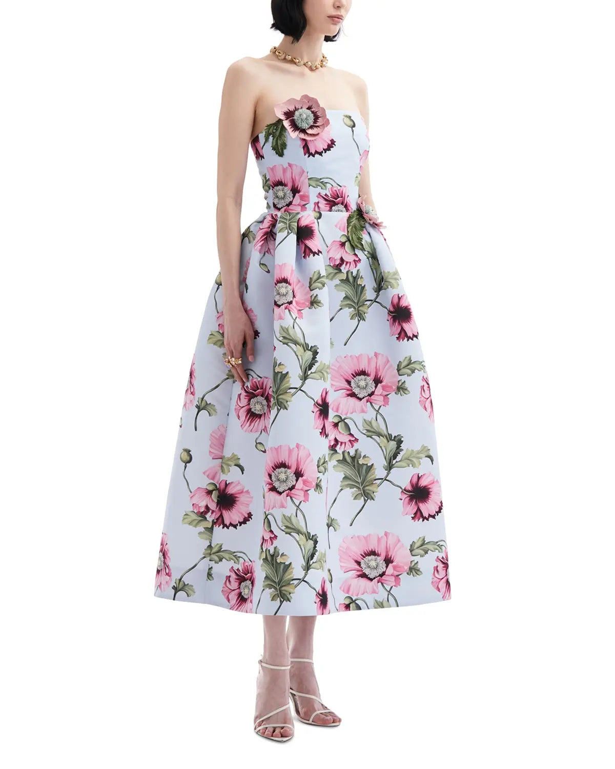 Strapless Embroidered Poppies Faille Dress