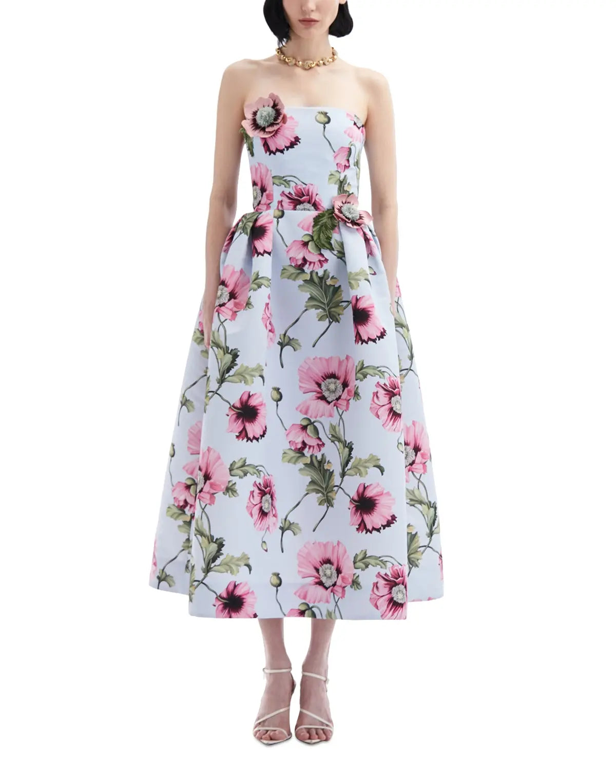 Strapless Embroidered Poppies Faille Dress