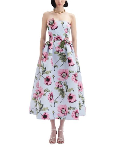 Strapless Embroidered Poppies Faille Dress
