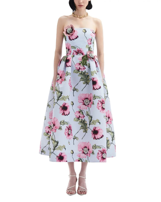 Strapless Embroidered Poppies Faille Dress