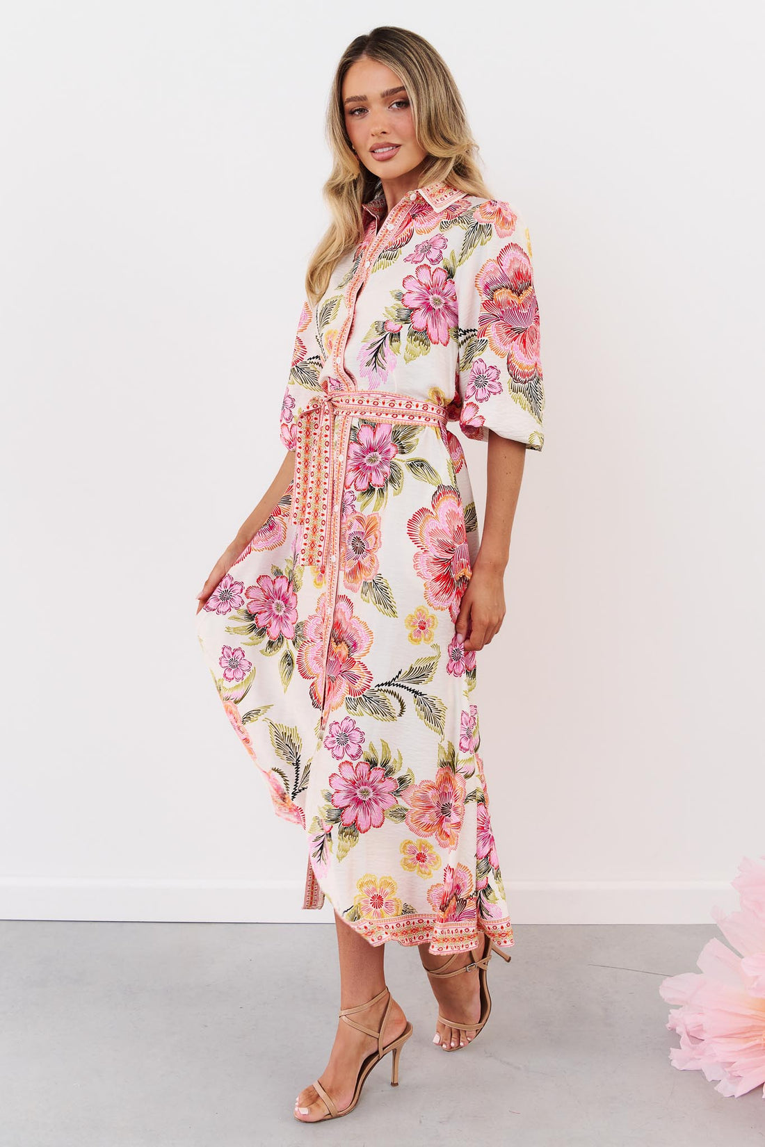 Bold Floral Waist Tie 3/4 Sleeve Shirt Maxi Dress