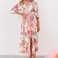 Bold Floral Waist Tie 3/4 Sleeve Shirt Maxi Dress