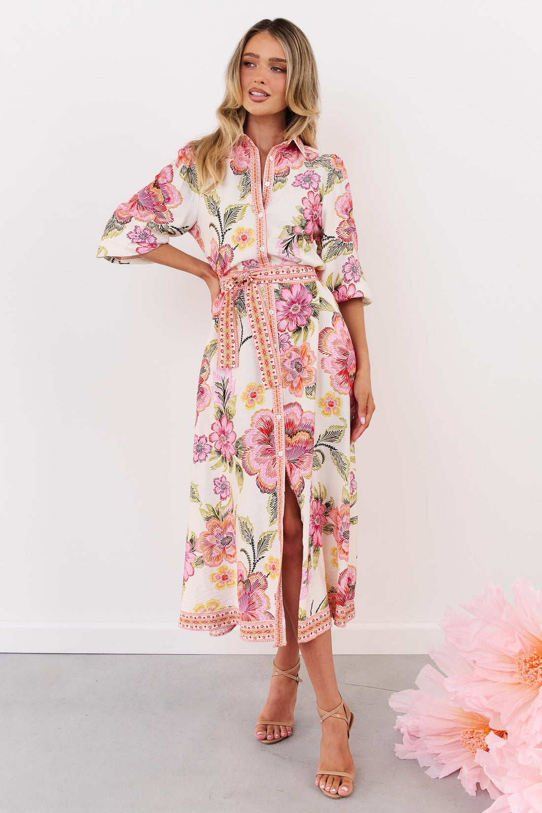 Bold Floral Waist Tie 3/4 Sleeve Shirt Maxi Dress