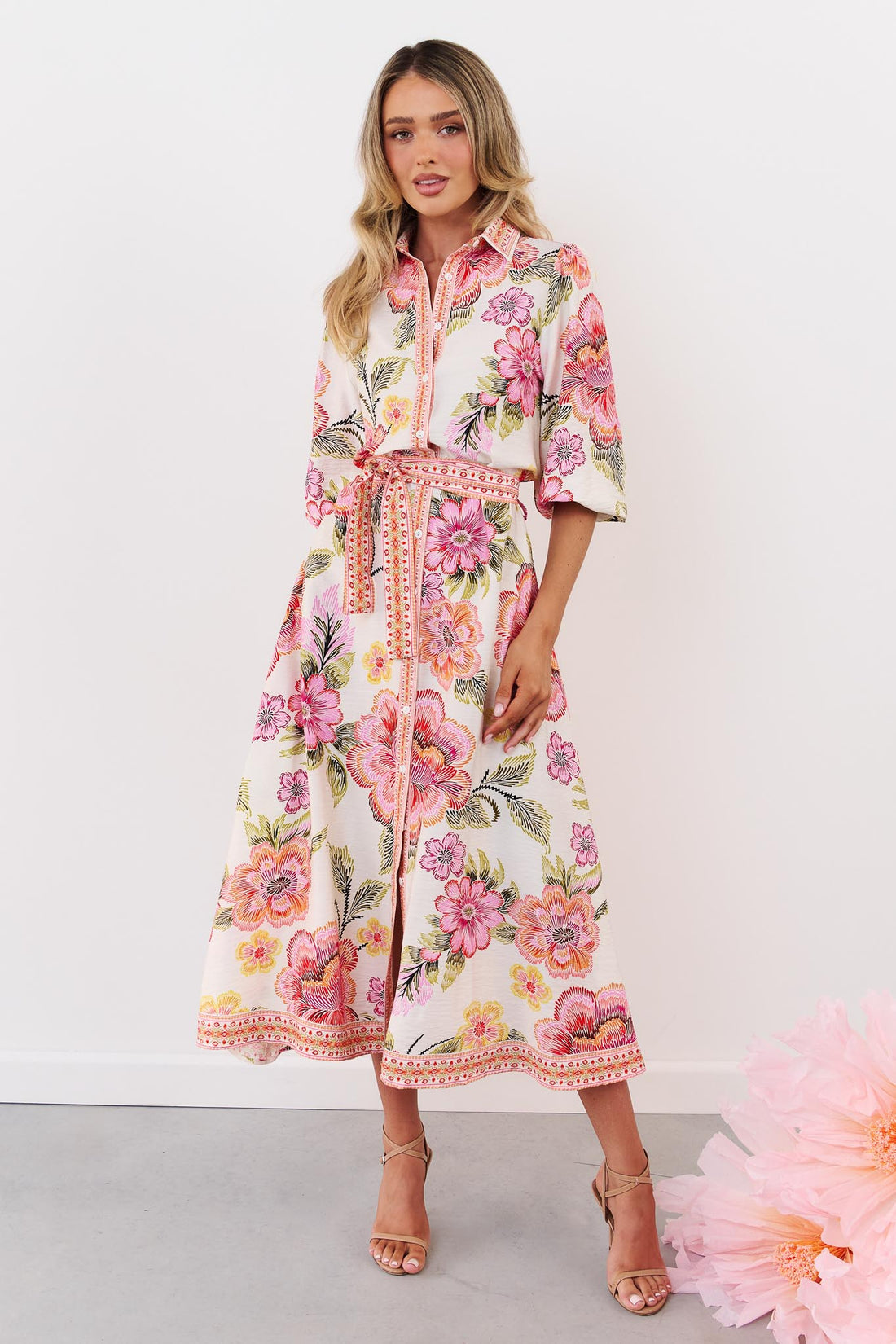 Bold Floral Waist Tie 3/4 Sleeve Shirt Maxi Dress