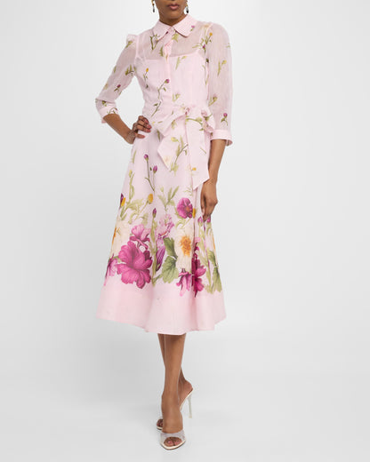 Floral-Print Silk Blend Midi Shirtdress
