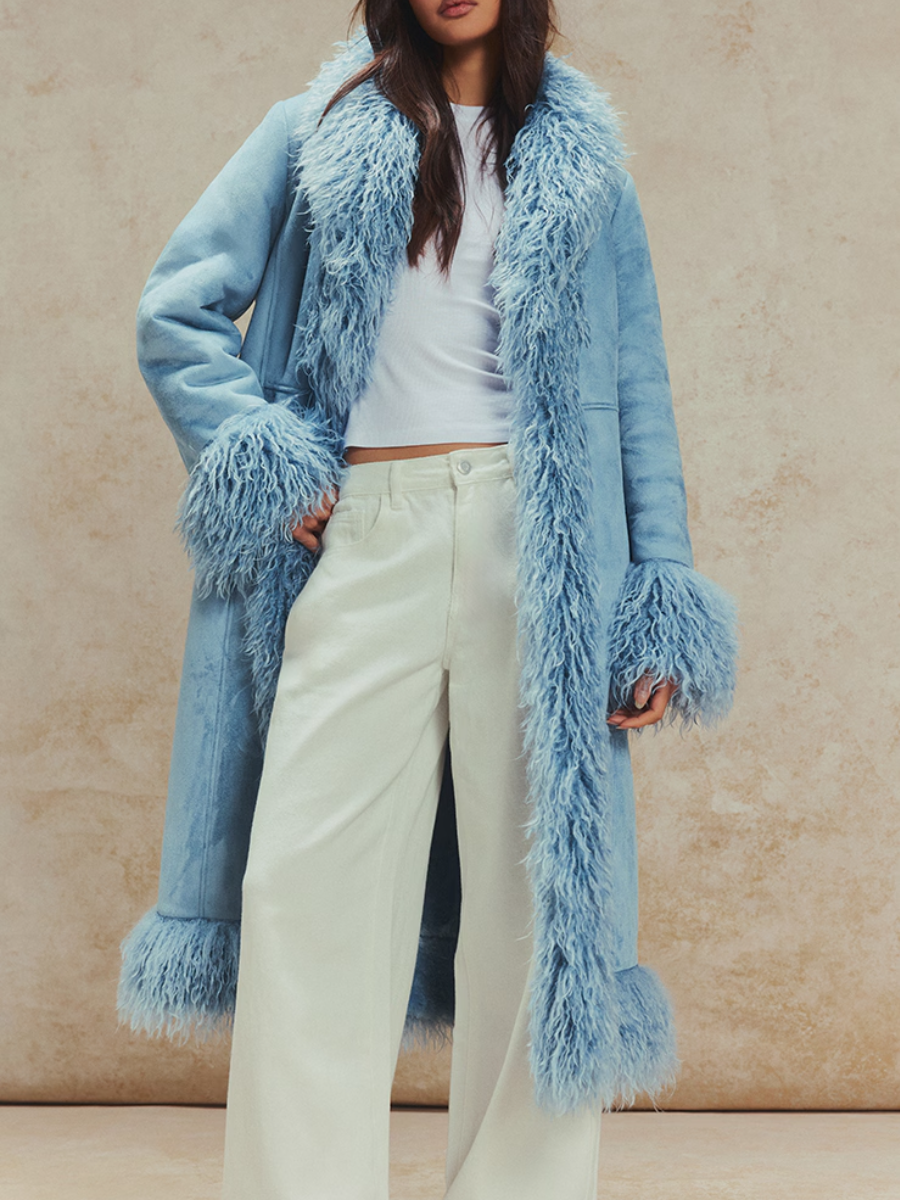 Powder Blue Faux Fur Trim Maxi Coat
