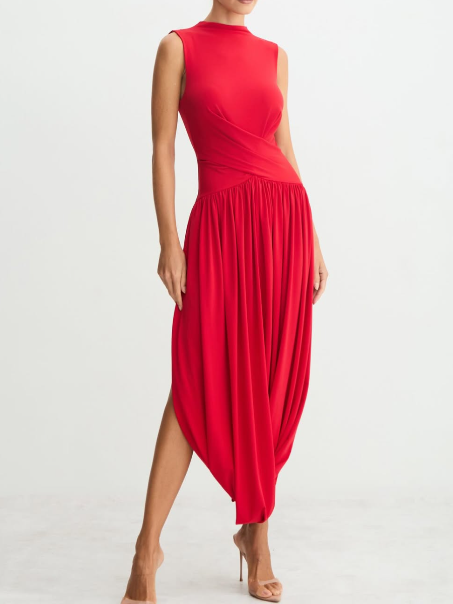 Sleeveless Feminine Ruched Asymmetrical Hem Dress