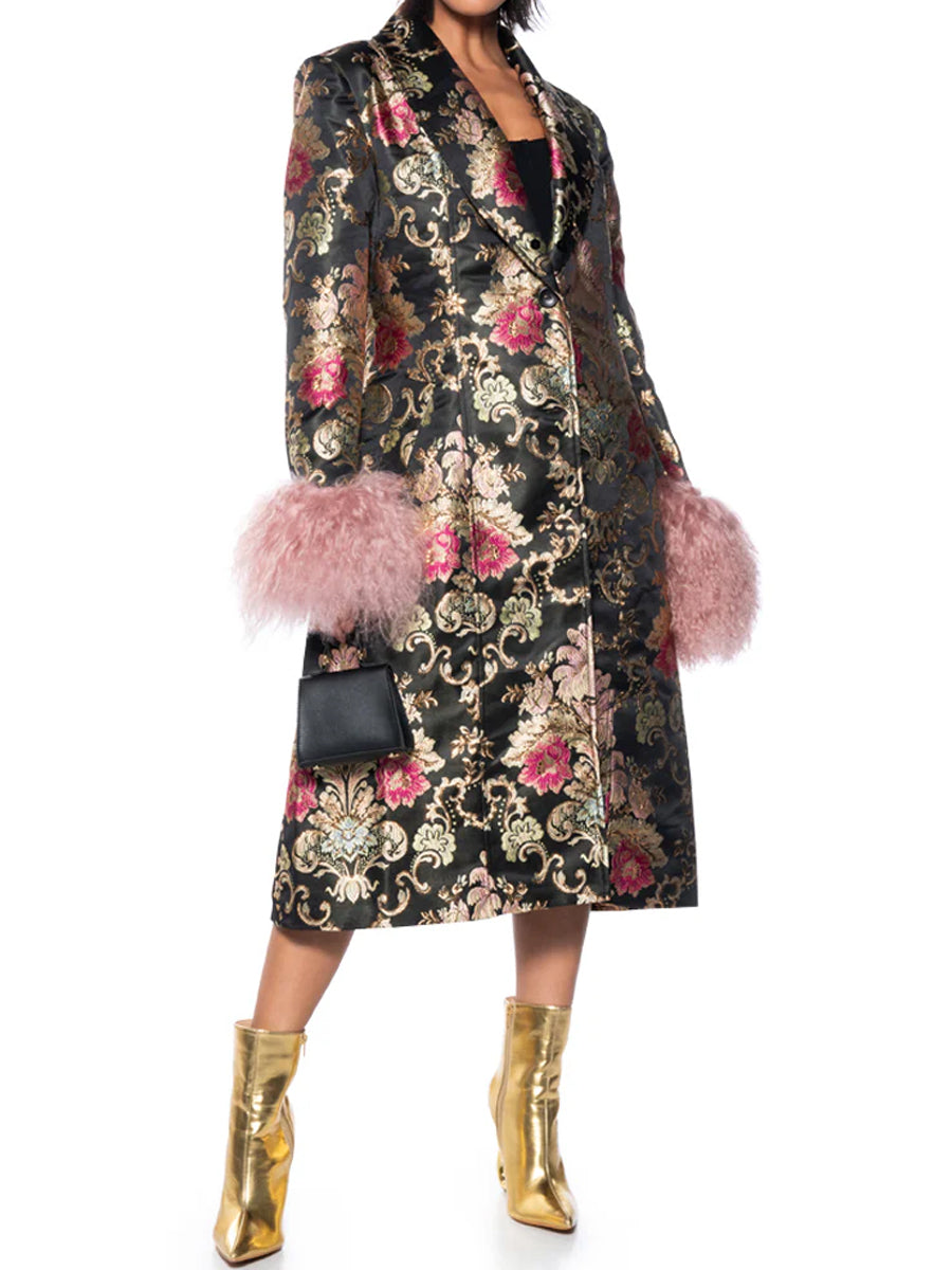 Detachable Faux Fur Patchwork Floral Print Coat