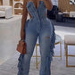 Fashion Cut-out Fringed Denim Jumpsuit