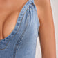 Deep V Neck Tiered Ruffle Mermaid Denim Maxi Dress