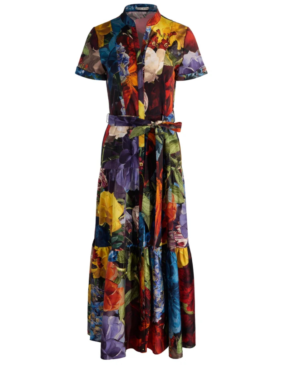 Floral Print Short Sleeve Belted Tiered Dress