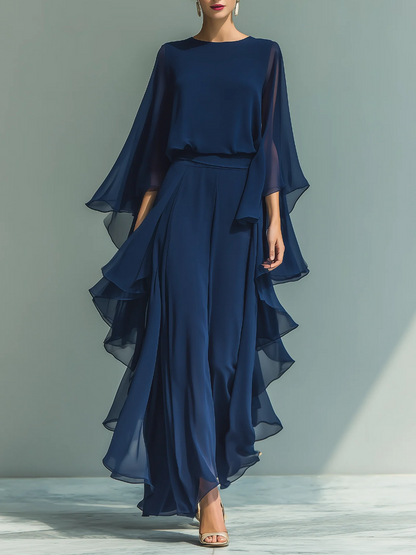 Women's Chiffon Top With Flared Sleeves And Straight-leg Trousers Set With Ruffled Details