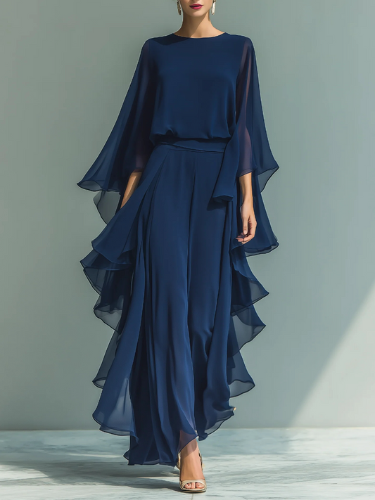 Women's Chiffon Top With Flared Sleeves And Straight-leg Trousers Set With Ruffled Details
