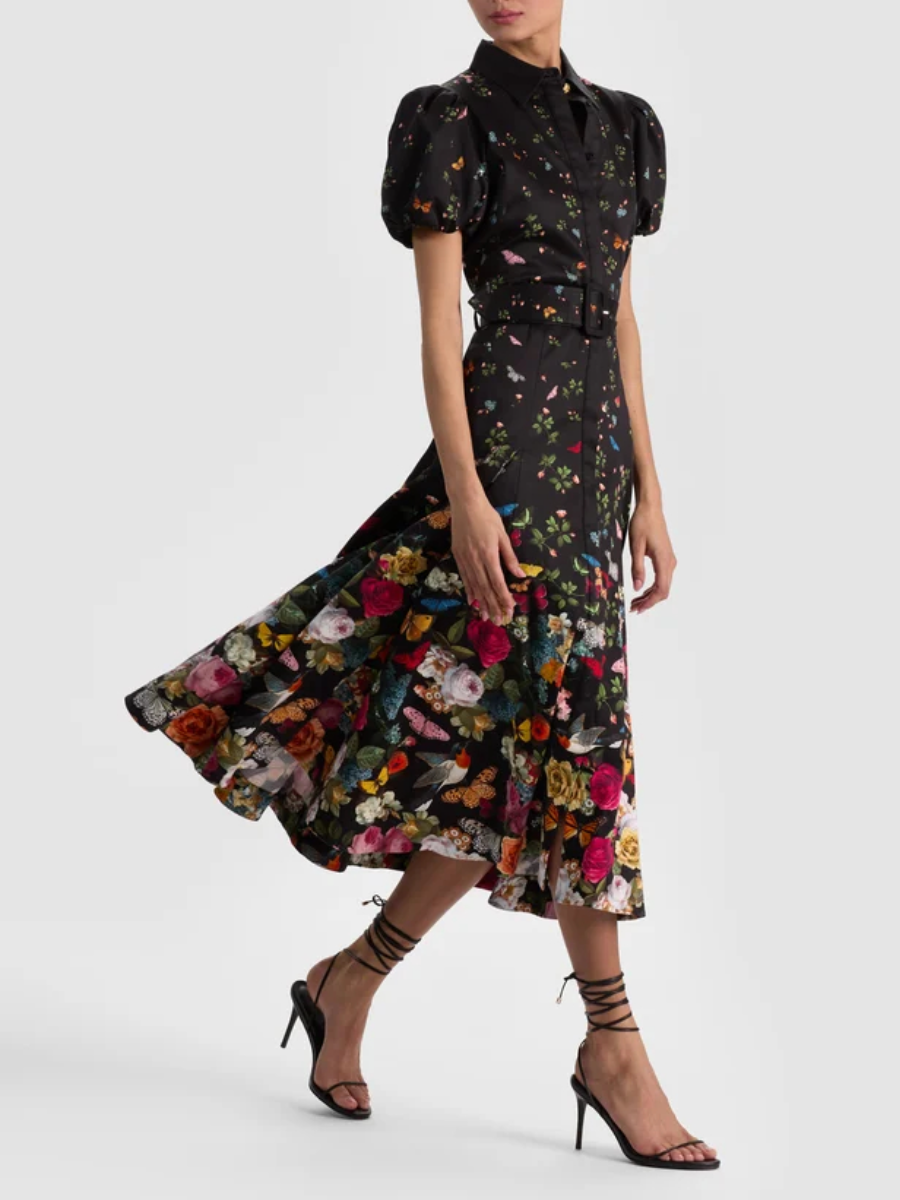 Midnight Garden Puff Sleeve Belted Midi Shirt Dress