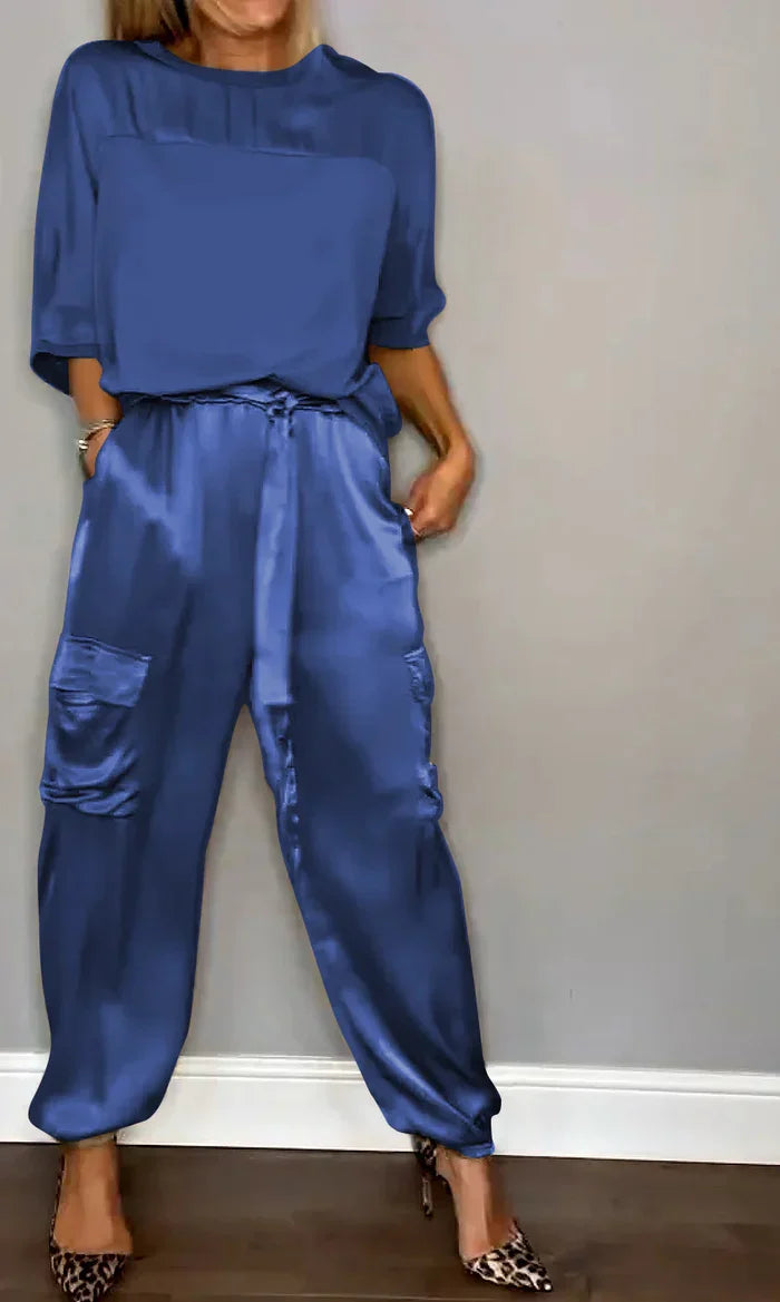 Smooth Satin Half-sleeved Top and Pants Set