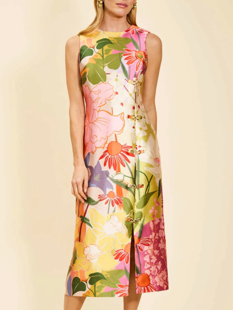 Vibrant Garden Floral Satin Sheath Dress