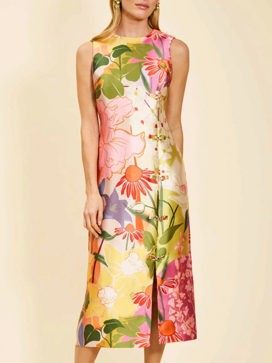 Vibrant Garden Floral Satin Sheath Dress
