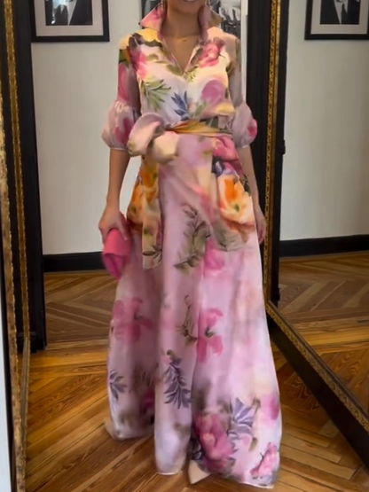 Elegant V-Neck Puff Sleeve Floral Print Maxi Wrap Dress