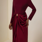 Satin Metal Decorations Long Sleeve Midi Dress