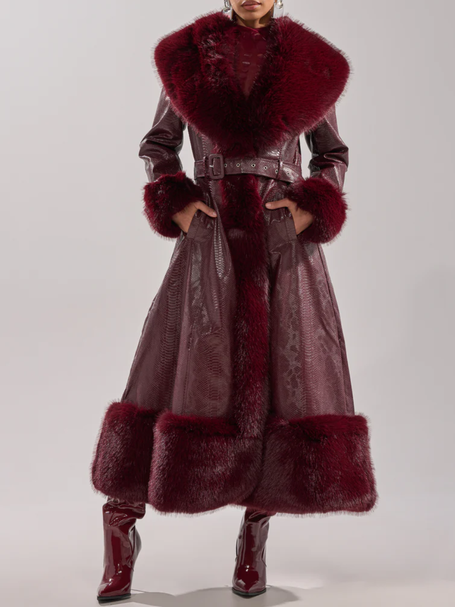 Burgundy Vivian Fur Trimmed Trench Coat